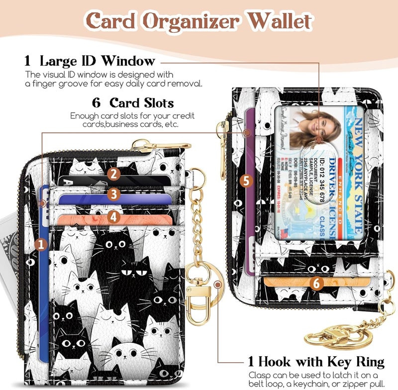 GIANCOMICS Slim Wallet Credit Card Holder Women, Cats Rfid Blocking Small Card Case, Keychain Thin Pocket Curved Zipper Wallet, Travel Card Holder PU Leather ID Window, Ladies Female Gifts - Image 4